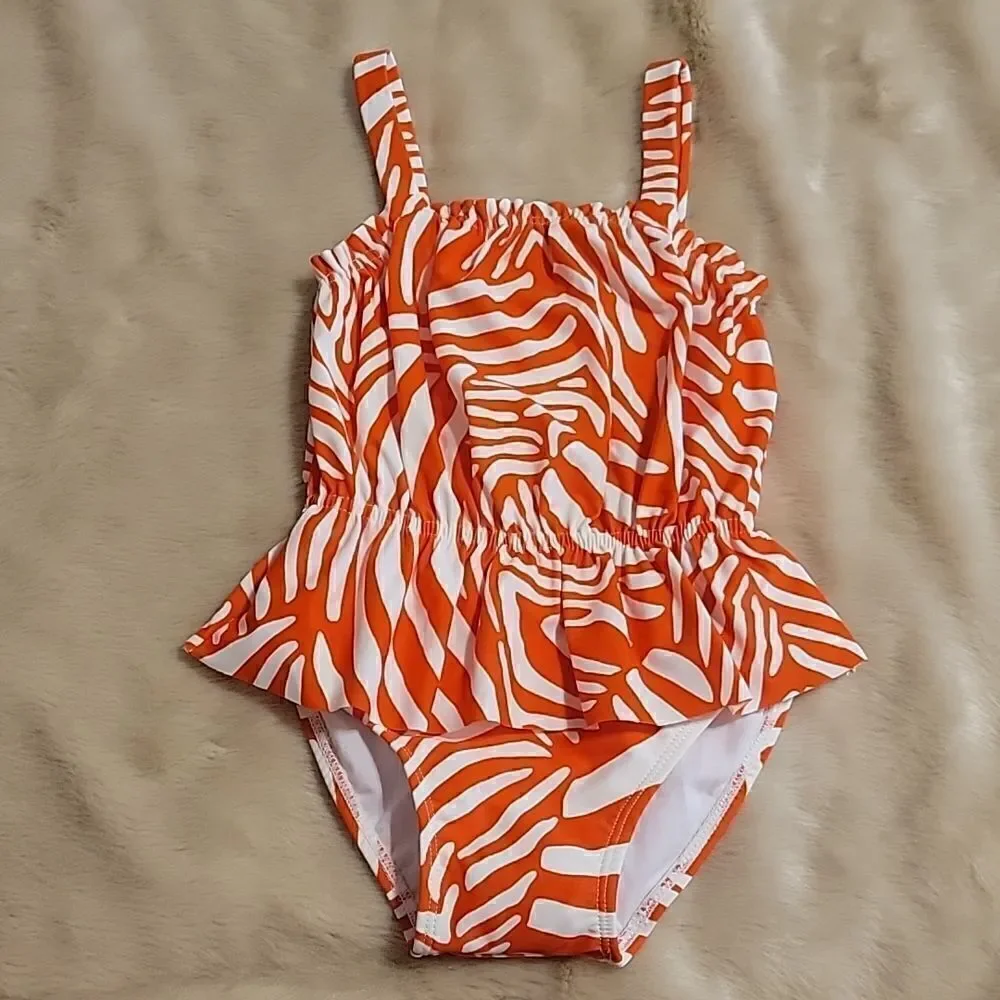 GYMBOREE ORANGE AND WHITE ZEBRA PRINT RUFFLED SWIMSUIT, SIZE 18-24 MONTHS - NEW!